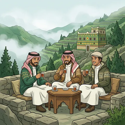 أصدقاء يشربون الشاي بين جبال أبها والضباب
