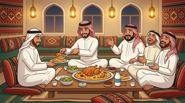 أصدقاء على عشاء كبسة في مجلس