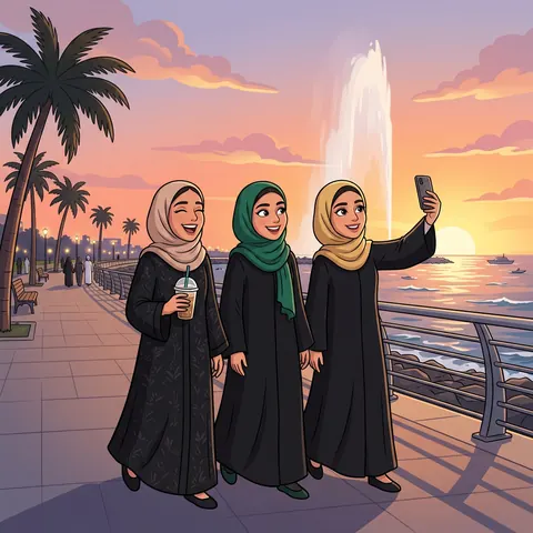 صديقات يمشين على كورنيش جدة وقت الغروب