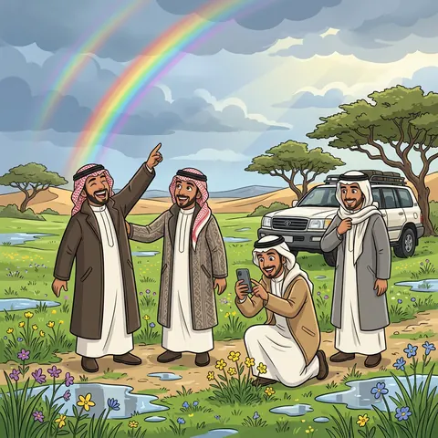 أصدقاء في روضة خضراء بعد المطر