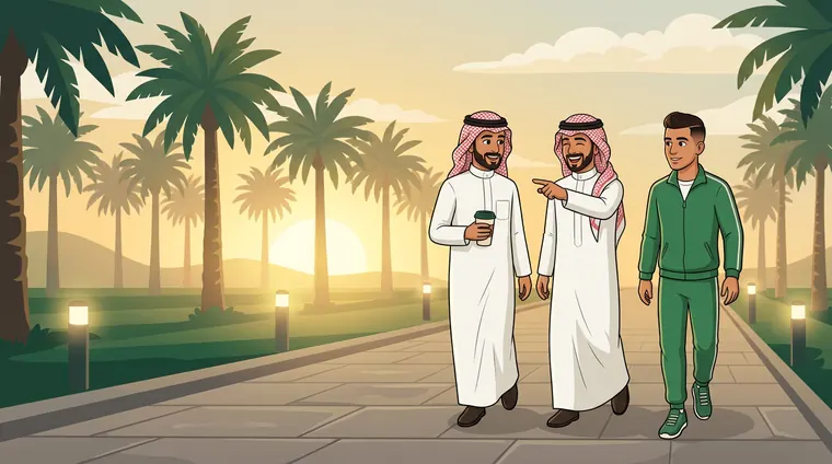 ثلاثة أصدقاء يمشون في ممشى بين النخيل
